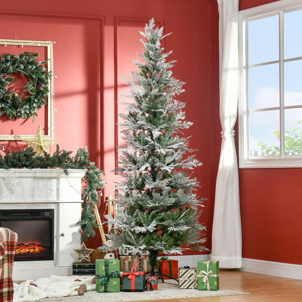 7FT Snow Flocked Artificial Christmas Tree with Pencil Shape for Holiday Elegance