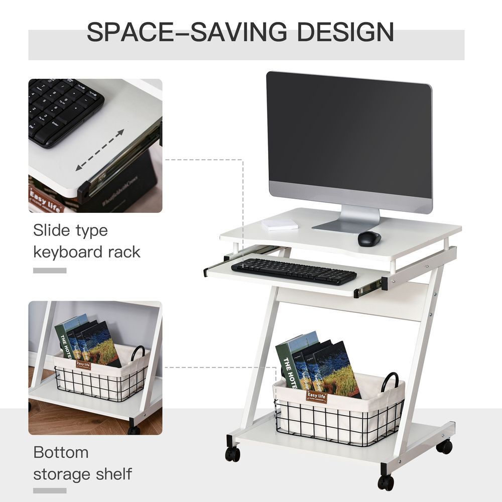 White Computer Desk with Sliding Keyboard Tray and 4 Moving Wheels for Versatile Use