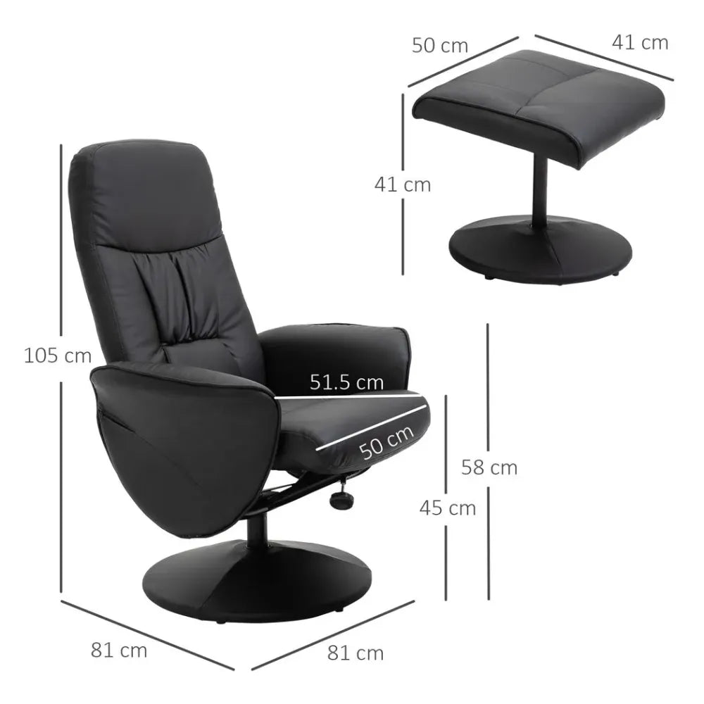 2-Piece Reclining Armchair & Ottoman Set – 360-Degree Swivel PU Leather – Black