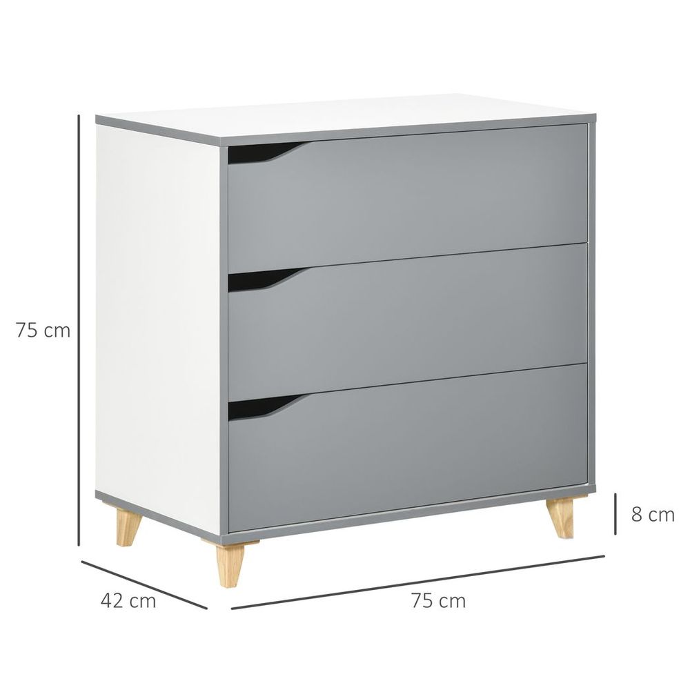 Grey 3-Drawer Chest of Drawers with Solid Wood Legs, Versatile Storage Cabinet