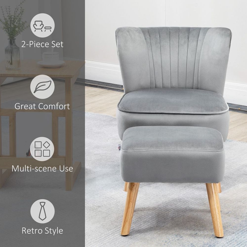 Velvet-Feel Accent Chair with Ottoman – Tub Seat Padding & Wood Legs – Light Grey