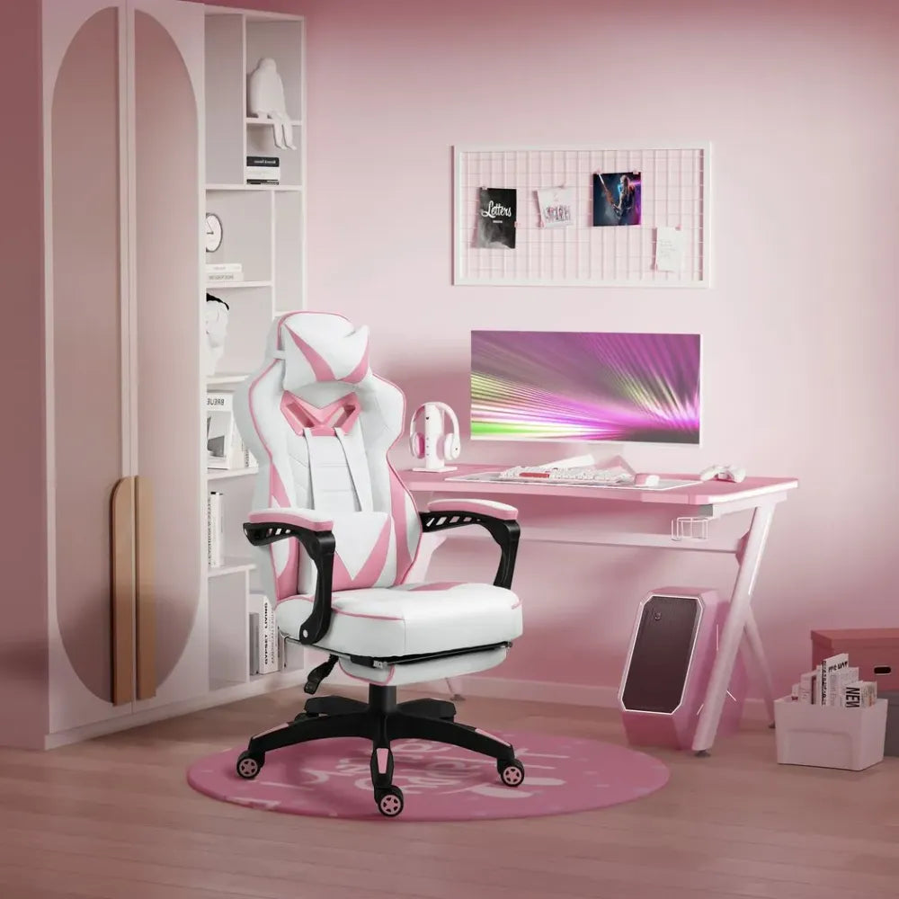 Pink Ergonomic Gaming Chair with Manual Footrest and Wheels for Stylish Offices