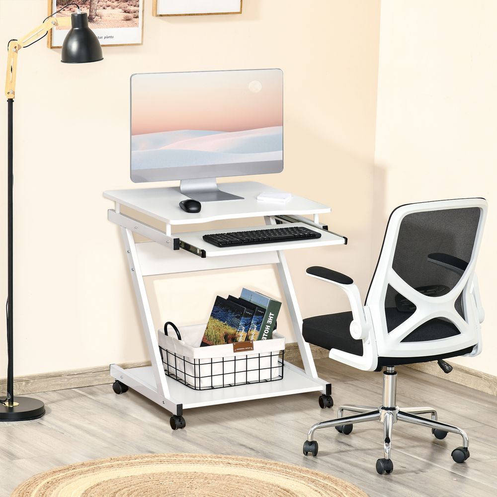 White Computer Desk with Sliding Keyboard Tray and 4 Moving Wheels for Versatile Use