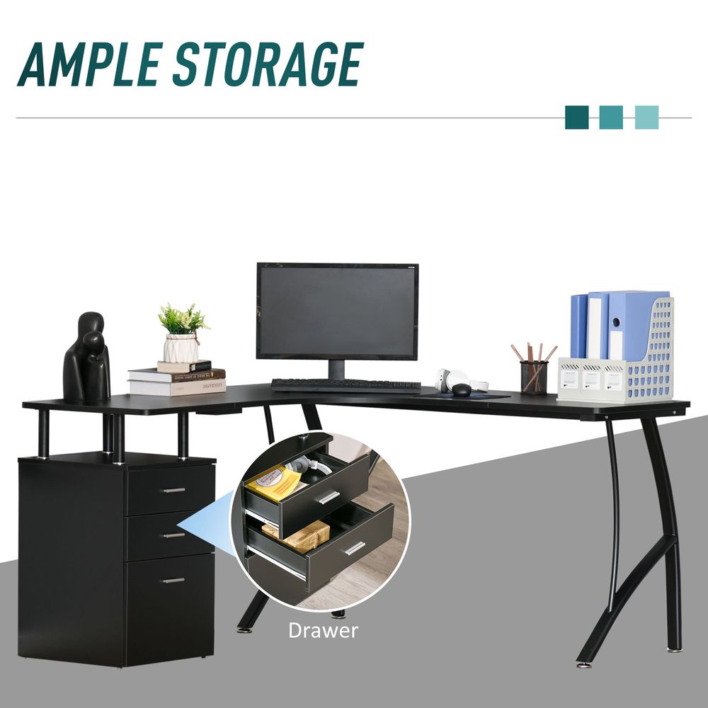 Black L-Shaped Corner PC Desk Table with Drawer for Home Office Workstation Use