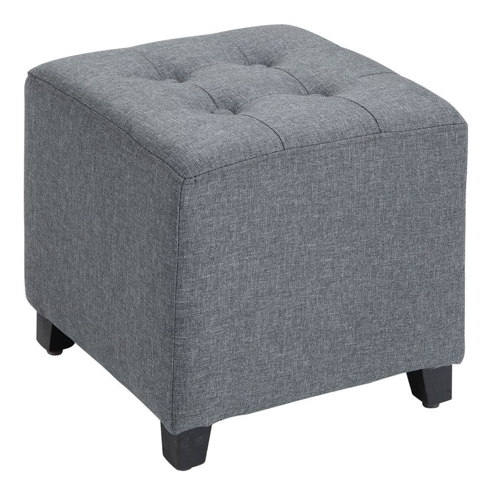 Linen-Look Square Ottoman – Button Tufts Footstool with Wood Frame – Grey