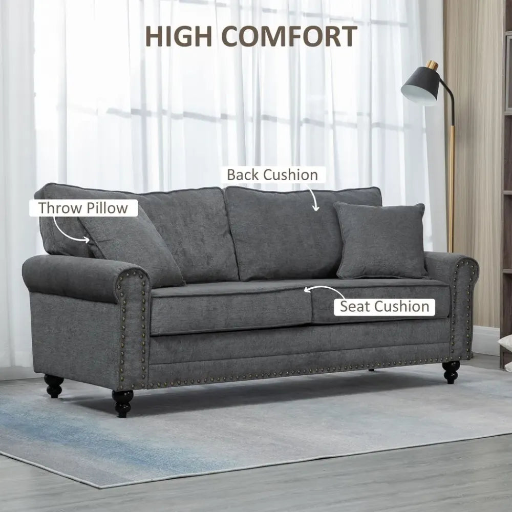2-Seater Fabric Sofa - Grey with Nailhead Trim, Cushions, and Throw Pillows
