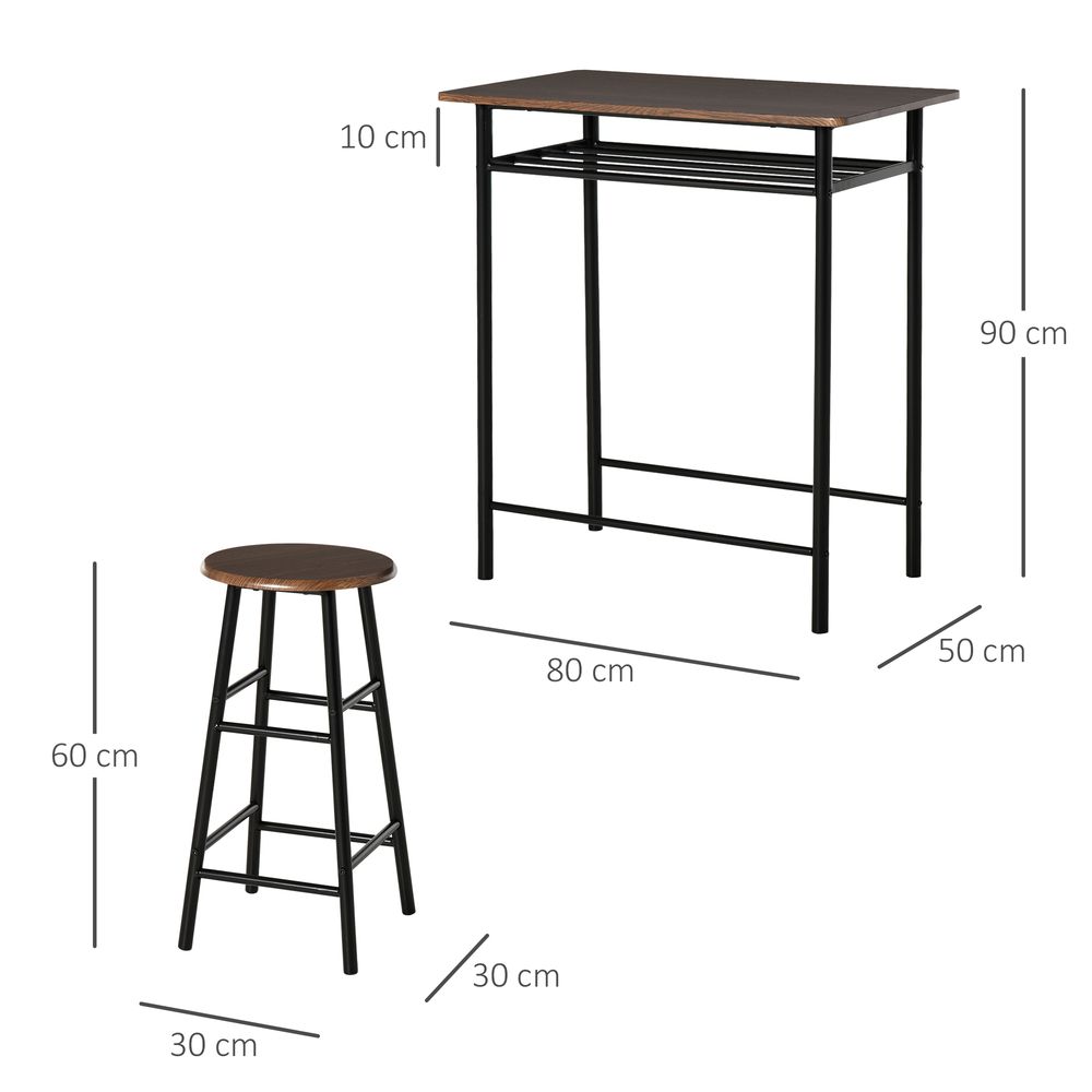 Bar Set – Includes 1 Metal Bar Table and 2 Stools – Black and Oak Finish