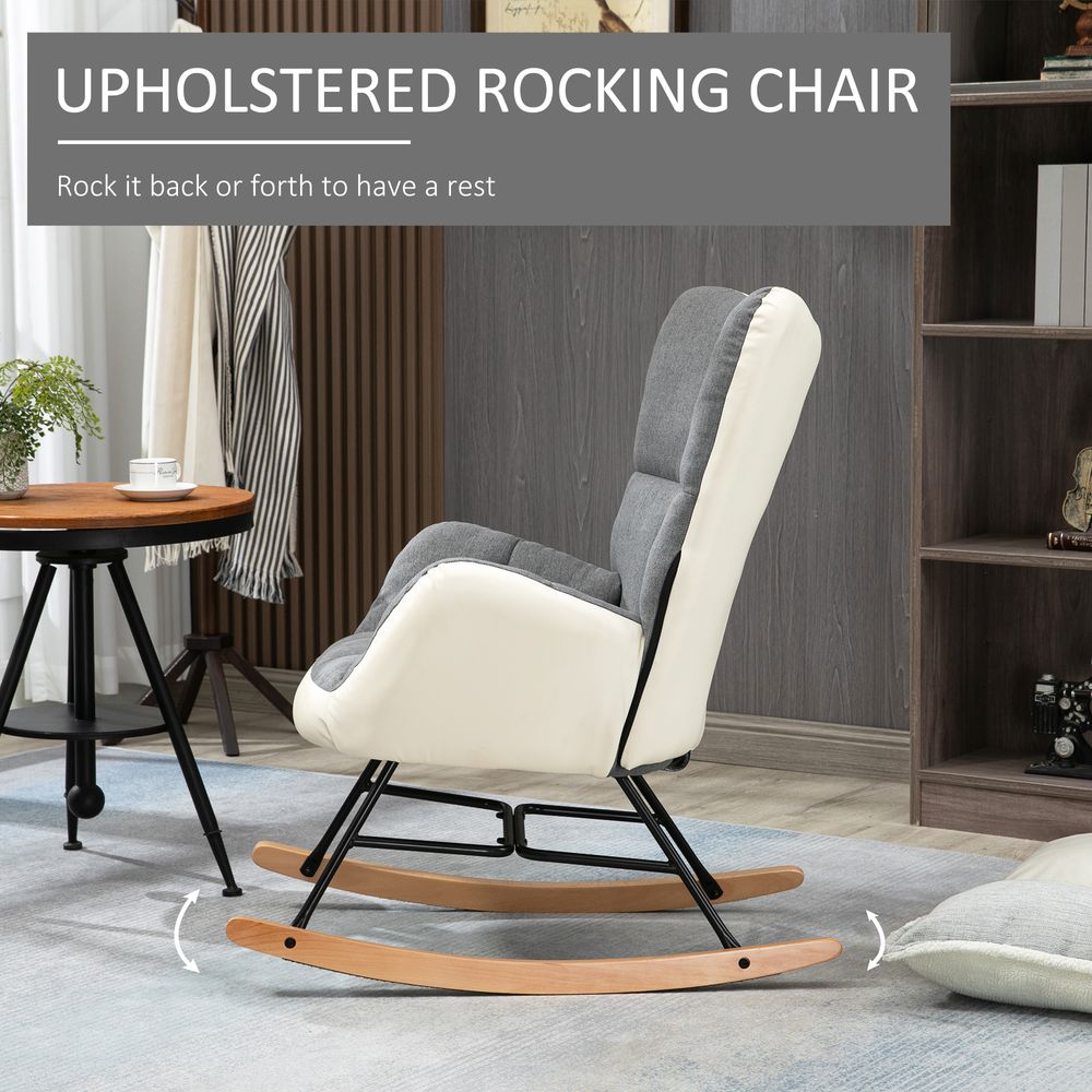 Grey and Cream Upholstered Wingback Rocking Chair for Comfortable Nursery Use