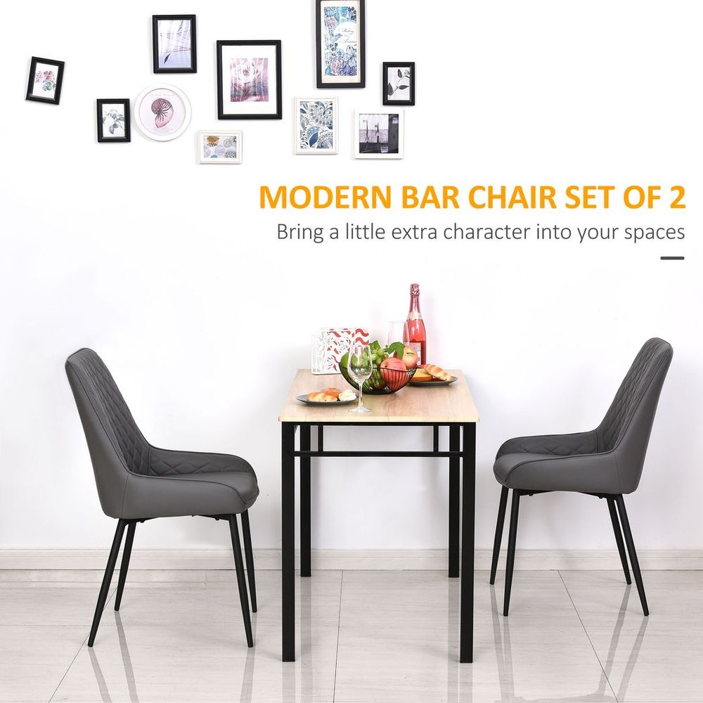 Set of 2 Quilted PU Leather Dining Chairs with Metal Frame and 4 Legs, Grey