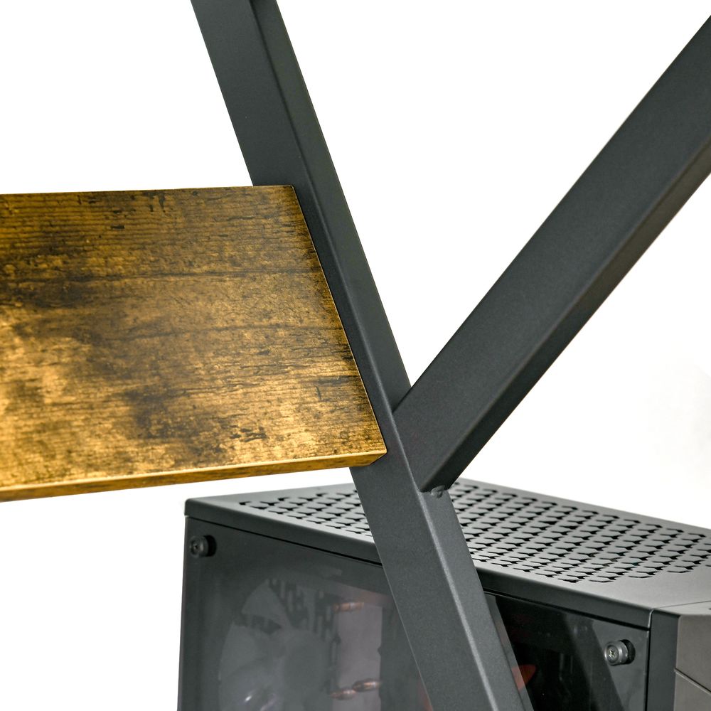 R-Shaped Brown Computer Desk with Monitor Shelf and Storage for Efficient Workspaces