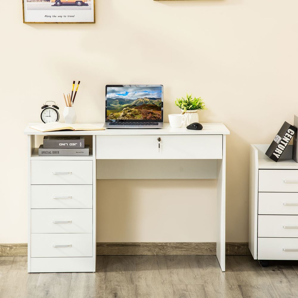 White Writing Desk with Five Drawers, Perfect for Organising Home Office Supplies