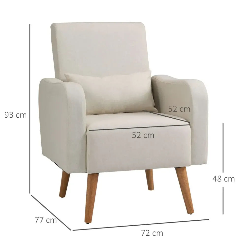 Cream Nordic Armchair with Linen-Touch Fabric and Cushioned Pillow for Comfort