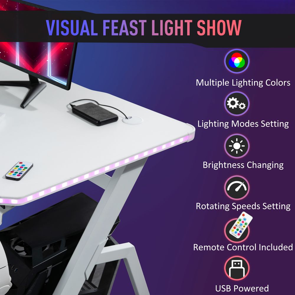 White Racing Style Gaming Desk with RGB LED Lights and Hook for Convenience