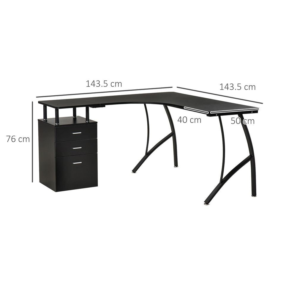 Black L-Shaped Corner PC Desk Table with Drawer for Home Office Workstation Use