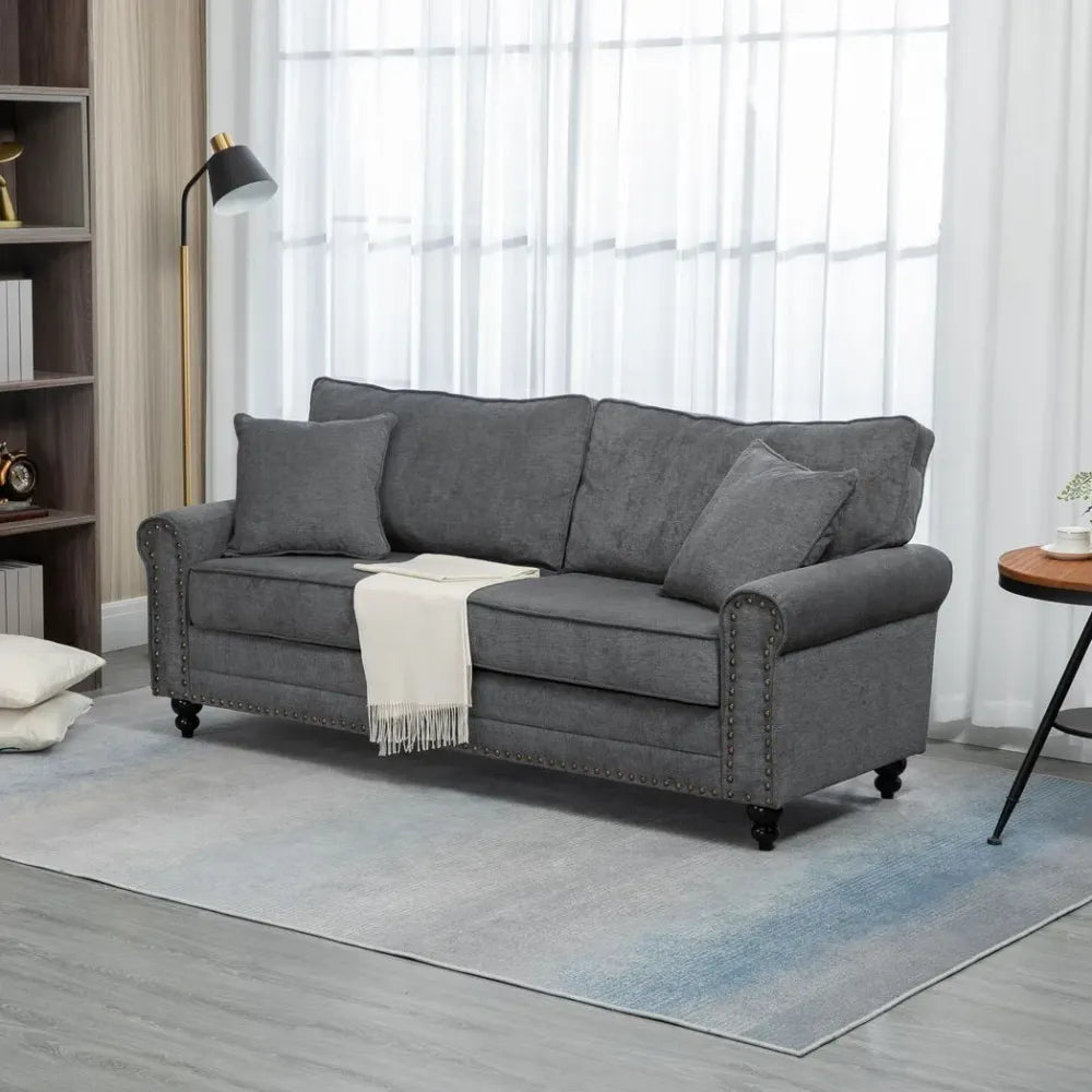 2-Seater Fabric Sofa - Grey with Nailhead Trim, Cushions, and Throw Pillows
