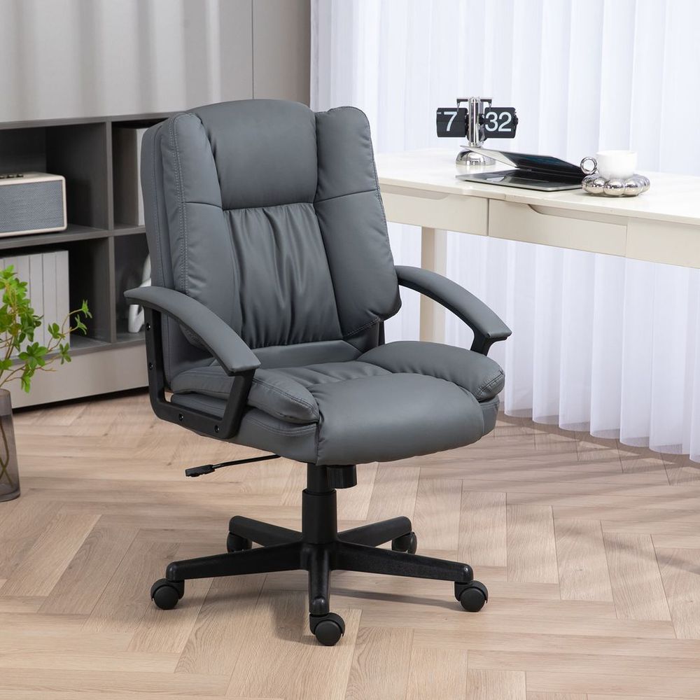 Dark Grey Faux Leather Mid Back Home Office Chair with Armrests for Stylish Comfort