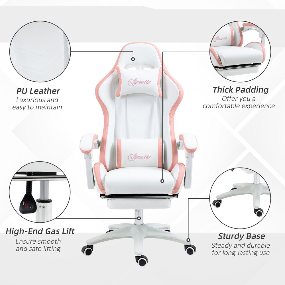 Pink Racing Style Gaming Chair with Reclining Function and Adjustable Footrest