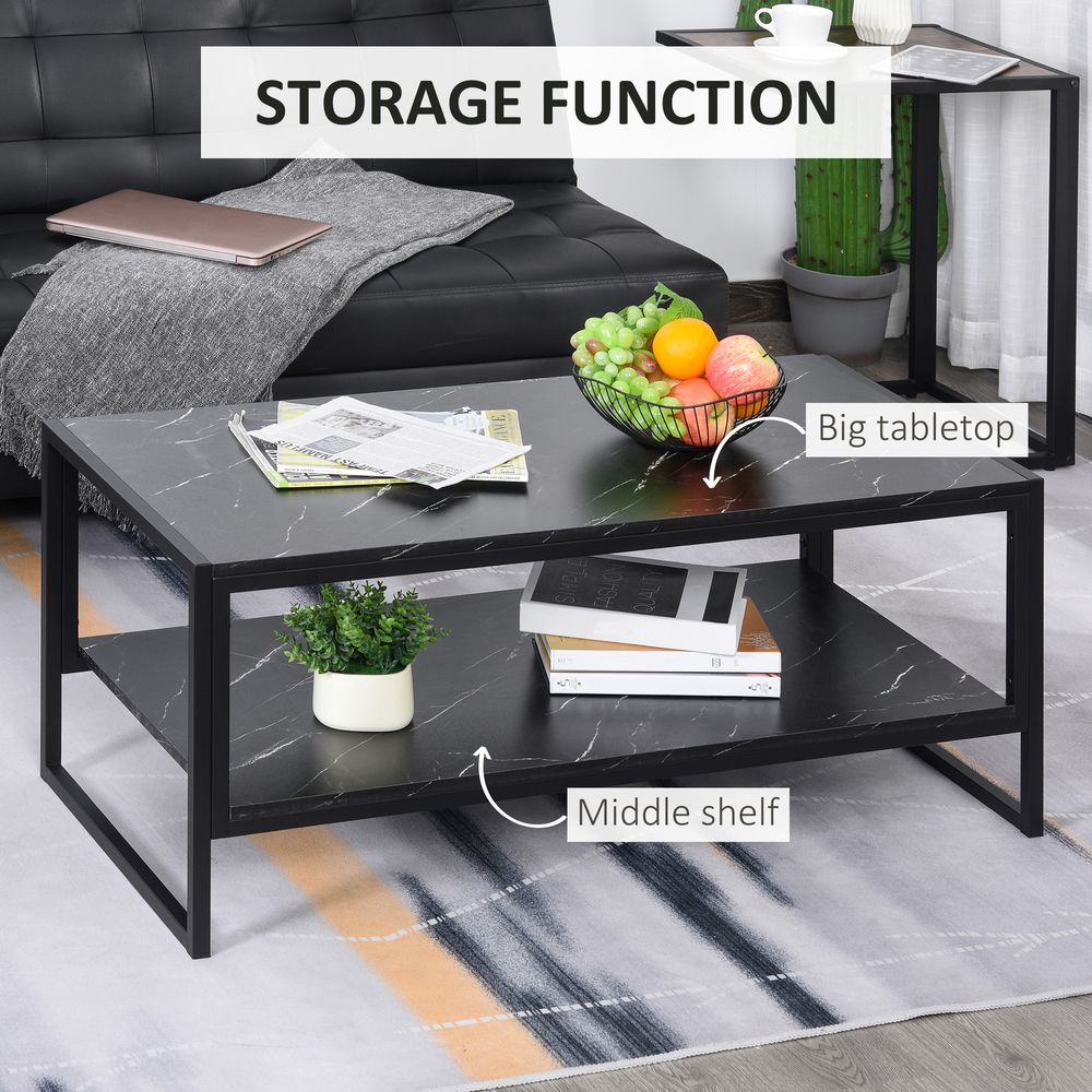 Two-Tier Laminate Marble Print Coffee Table with Metal Frame, Elegant Style