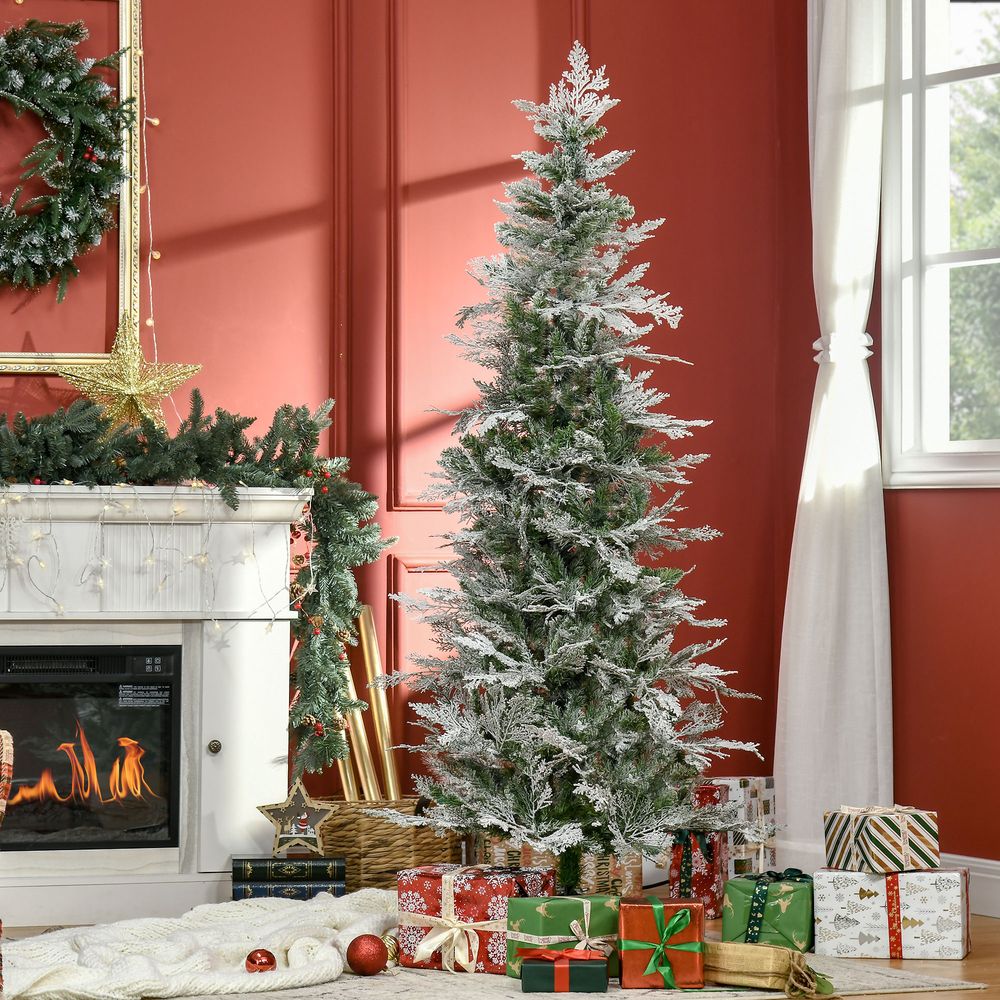 6FT Snow Flocked Artificial Christmas Tree with Pencil Shape for Festive Elegance