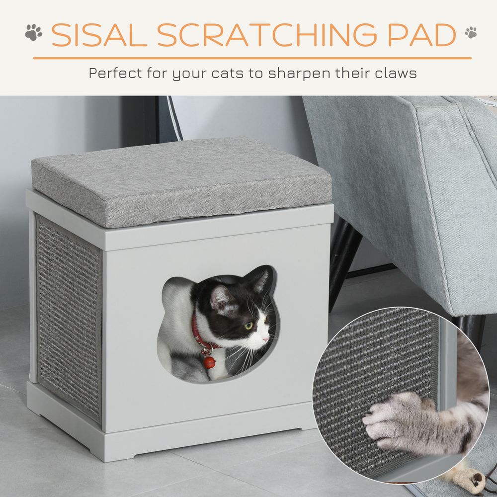 Grey Cat House Bed with Soft Cushion and Sisal Scratching Pad, Ideal for Kittens and Cats