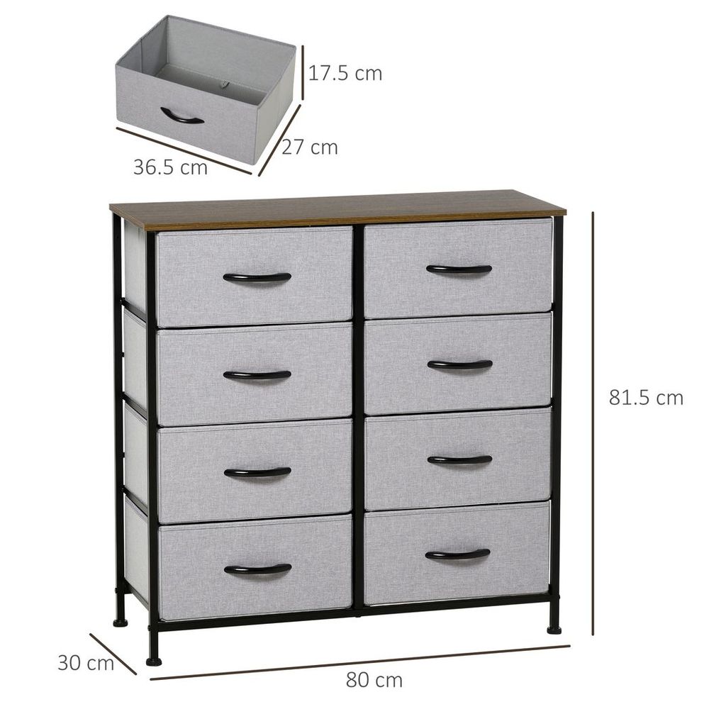 8-Drawer Fabric Chest of Drawers with Wooden Top for Closet and Hallway in Grey