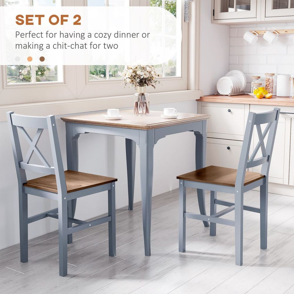 Set of 2 Dining Chairs with Pine Wood Frame and Cross Back for Kitchen, Grey