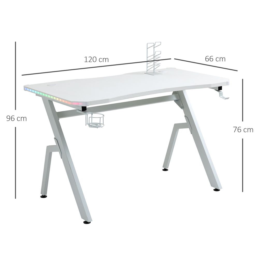 White Racing Style Gaming Desk with RGB LED Lights and Hook for Convenience