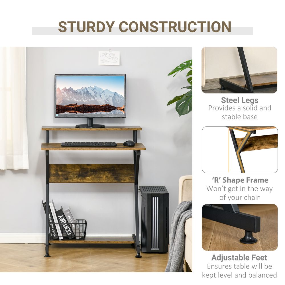 R-Shaped Brown Computer Desk with Monitor Shelf and Storage for Efficient Workspaces