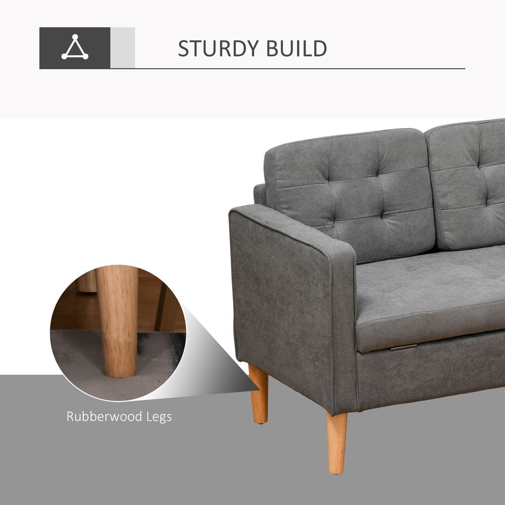 3-Seater Button-Tufted Fabric Sofa - Hidden Storage, Rubberwood Legs