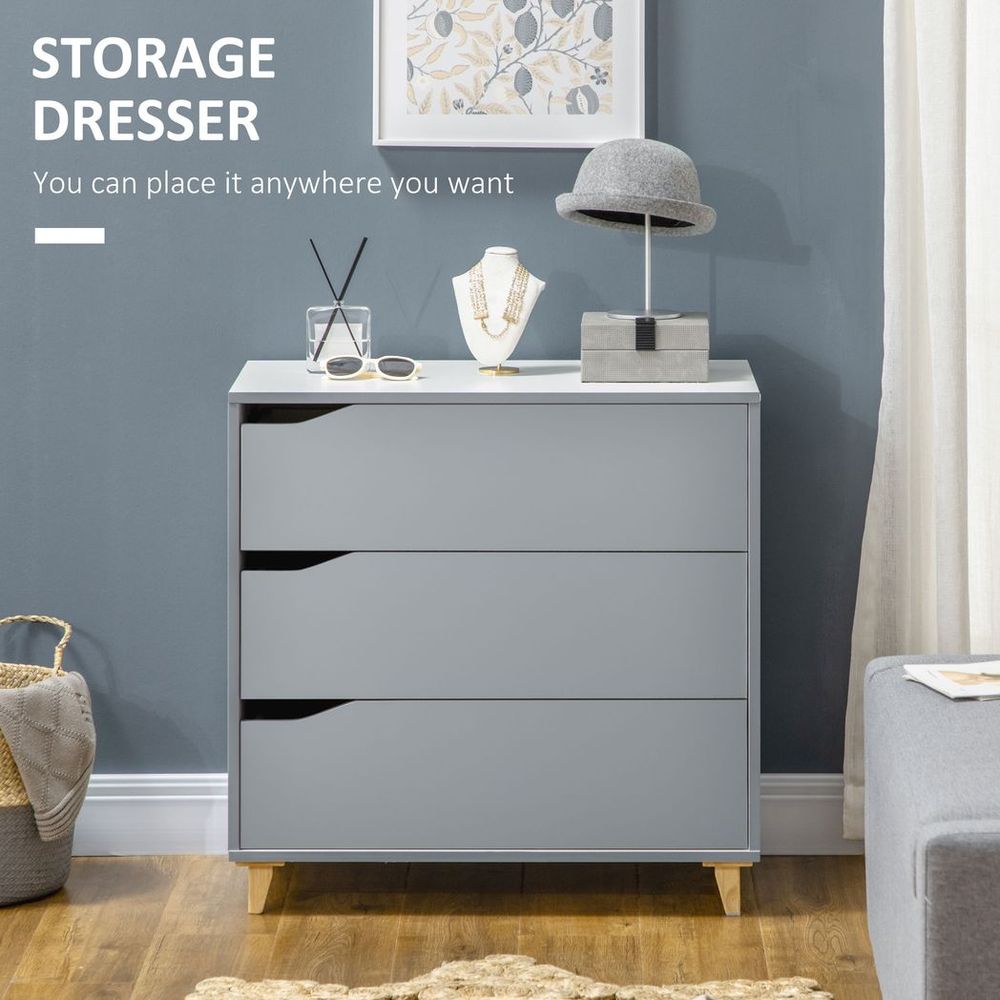Grey 3-Drawer Chest of Drawers with Solid Wood Legs, Versatile Storage Cabinet