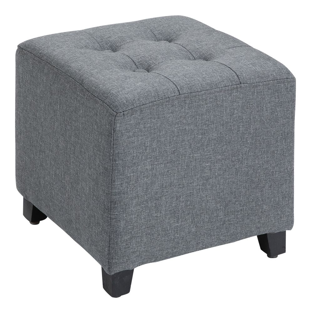 Linen-Look Square Ottoman – Button Tufts Footstool with Wood Frame – Grey