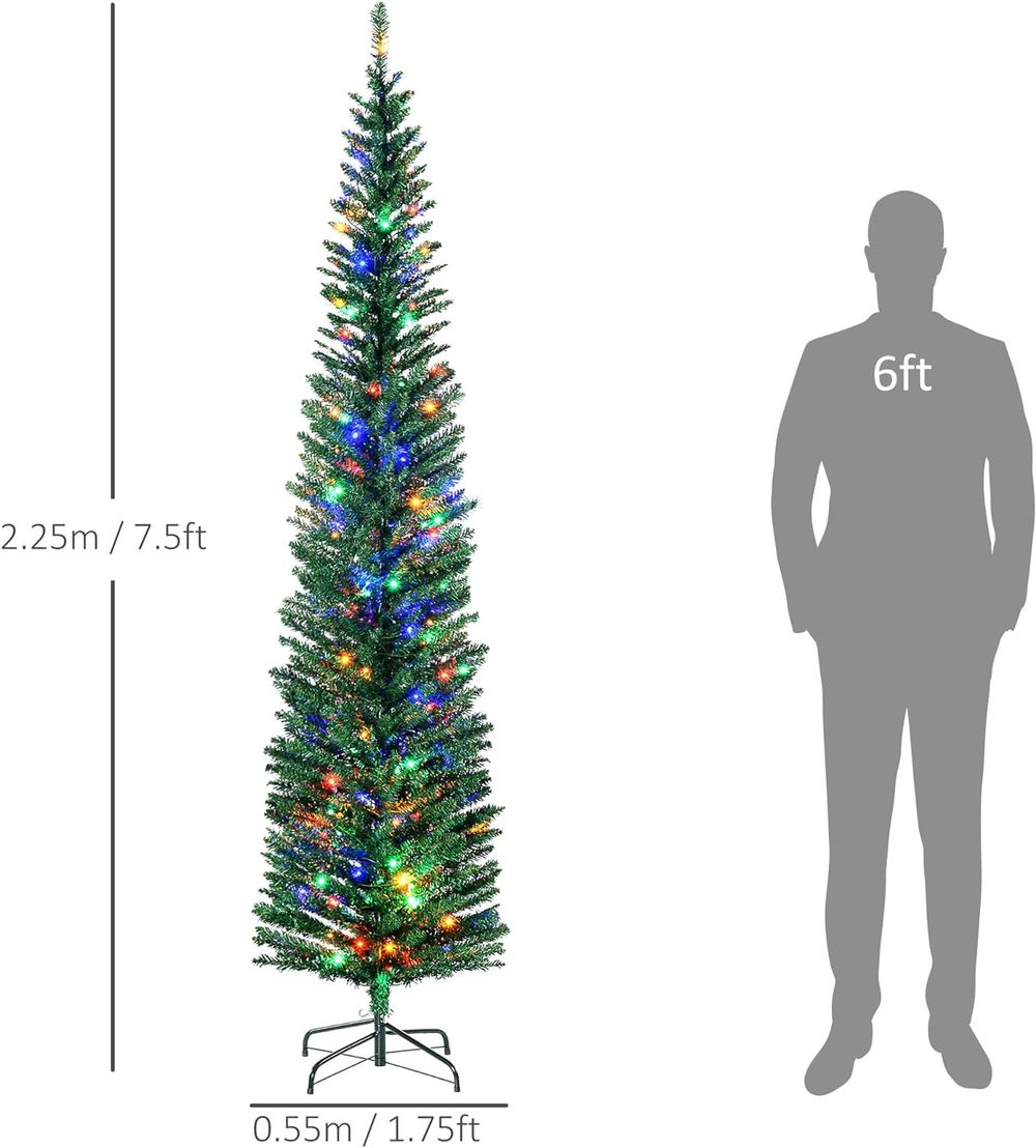 7.5FT Artificial Pencil Christmas Tree with Colourful Lights and Sturdy Steel Base