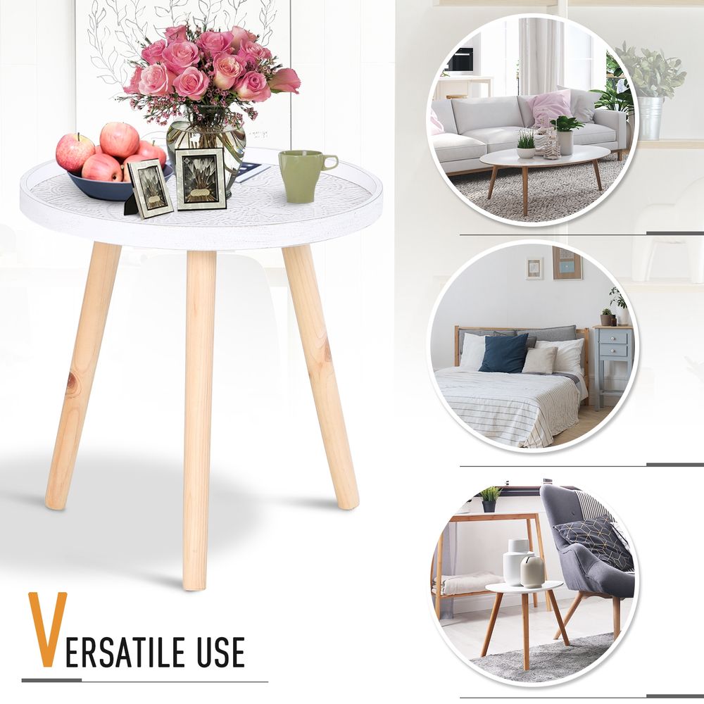 White Floral Etched Pine Wood Side Table with Saucer Top for Chic Decor