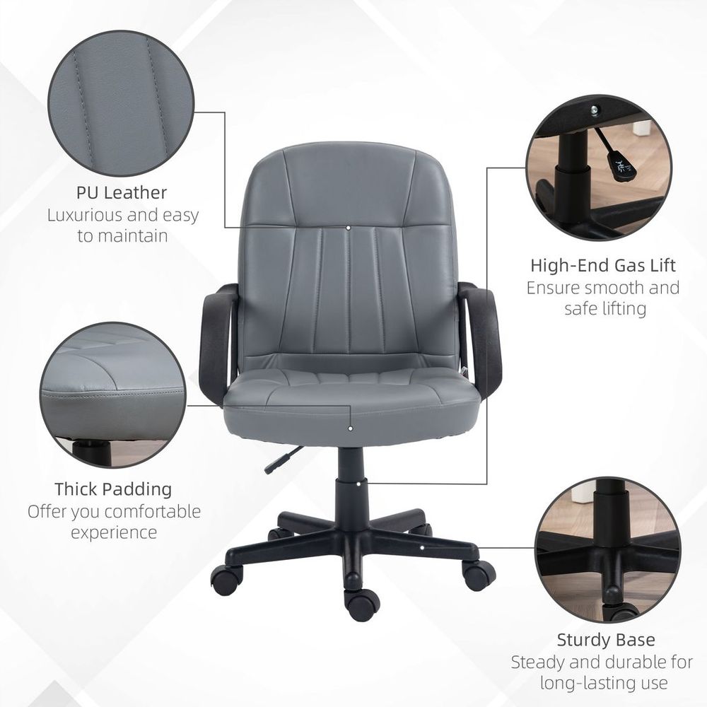 Grey PU Leather Swivel Office Chair with Mid-Back Design for Home Computer Desk
