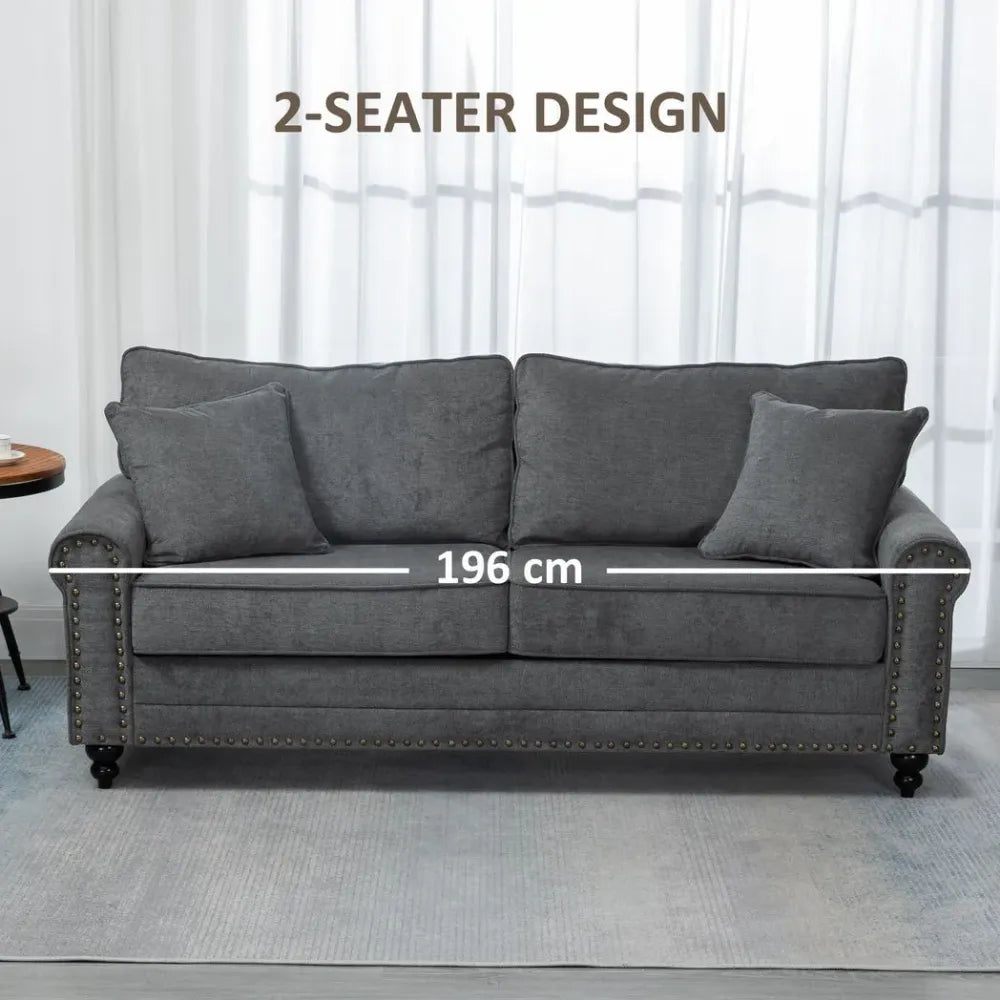 2-Seater Fabric Sofa - Grey with Nailhead Trim, Cushions, and Throw Pillows