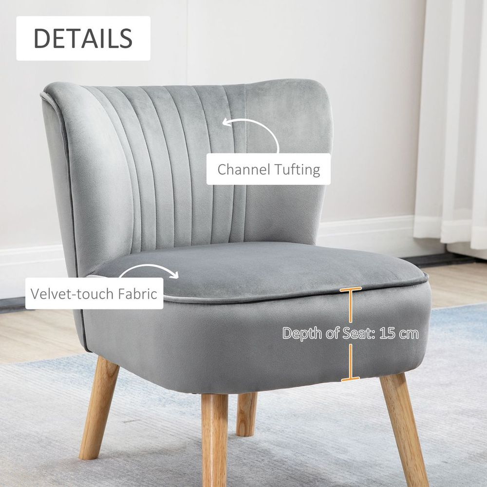 Velvet-Feel Accent Chair with Ottoman – Tub Seat Padding & Wood Legs – Light Grey