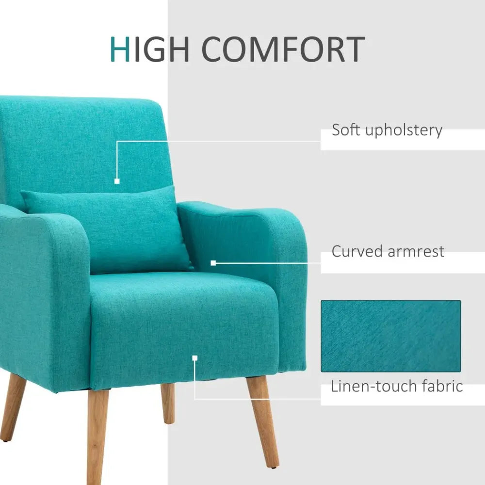 Nordic Armchair - Linen-Touch Sofa Chair with Cushioned Pillow, Wood Legs, Teal