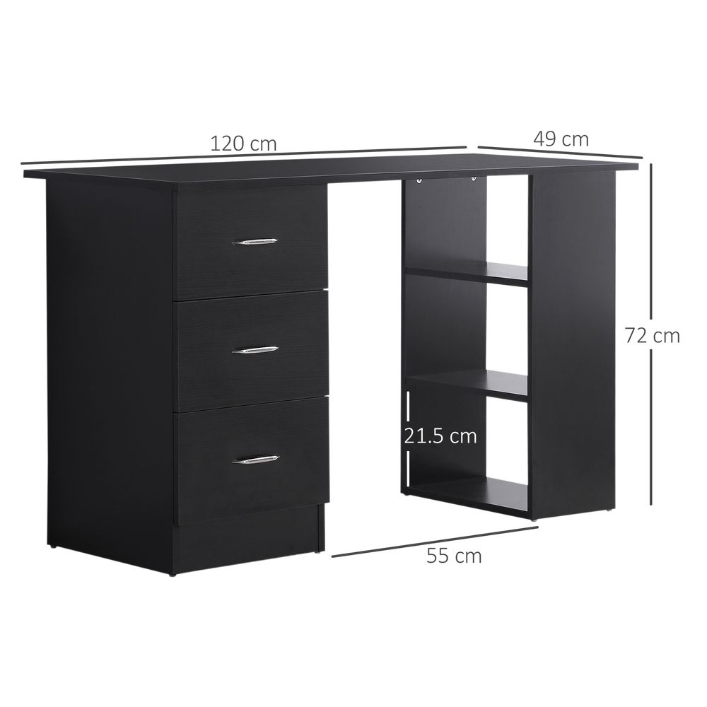 120cm Computer Desk Workstation with 3 Shelves and Drawers in Black - Ideal for Home Office Setup