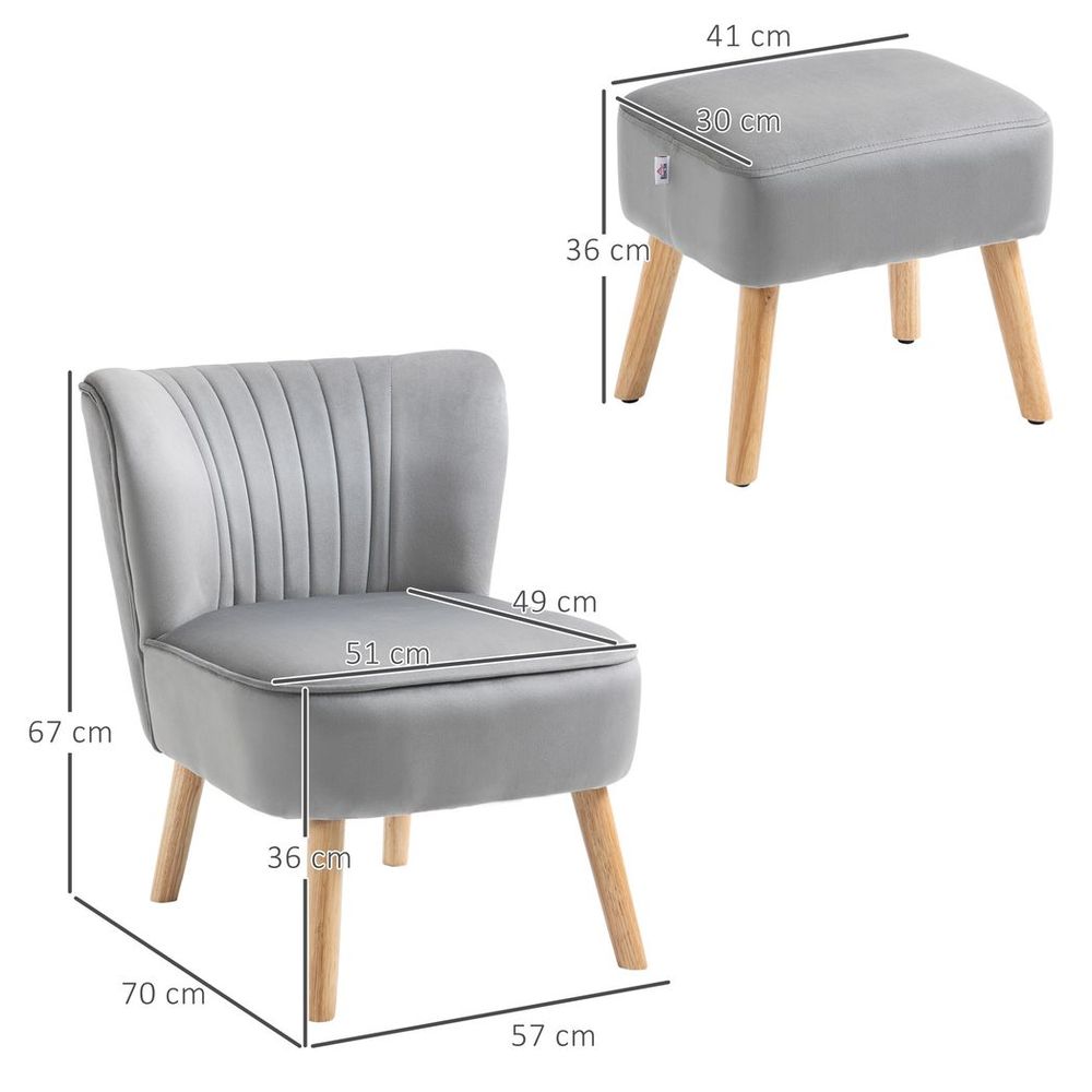 Velvet-Feel Accent Chair with Ottoman – Tub Seat Padding & Wood Legs – Light Grey