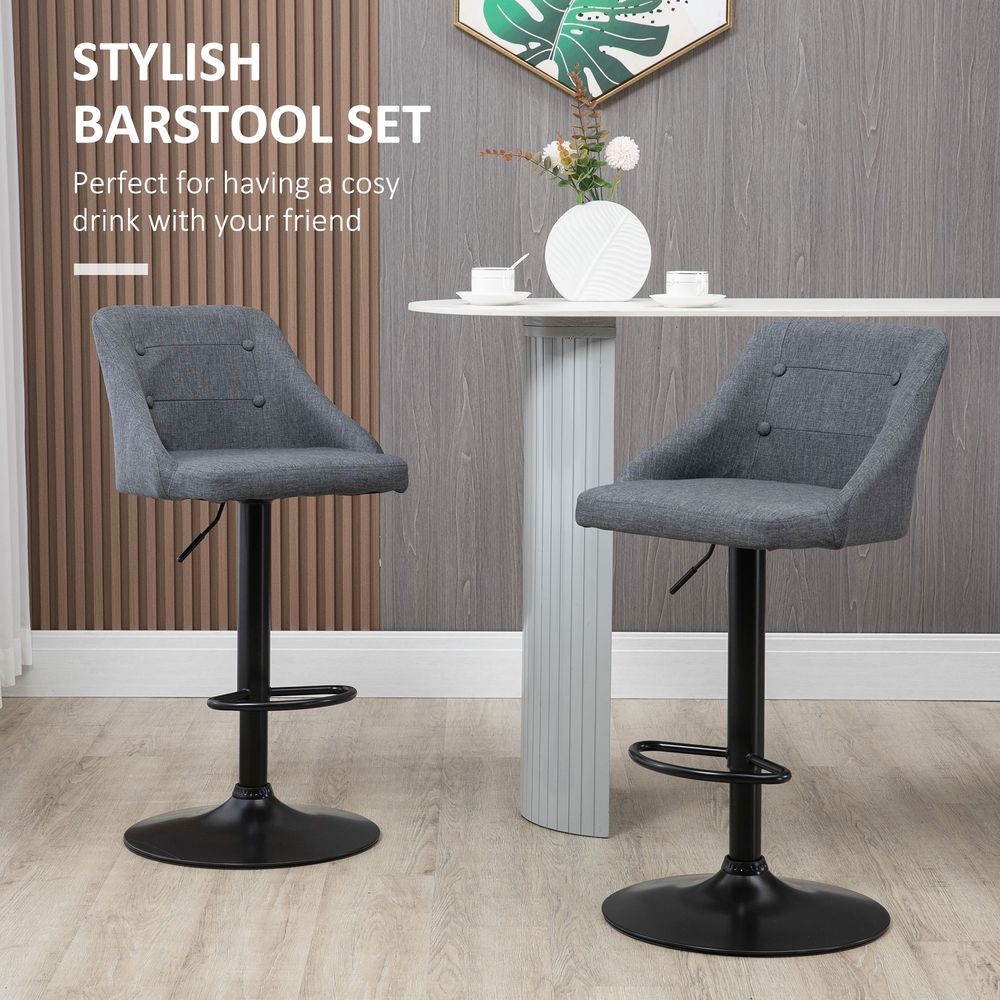 Set of 2 Grey Swivel Bar Stools: Adjustable Height Fabric Chairs