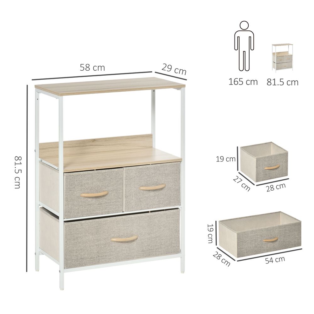 3-Drawer White Storage Chest Unit with Shelves for Home Living and Bedroom Use