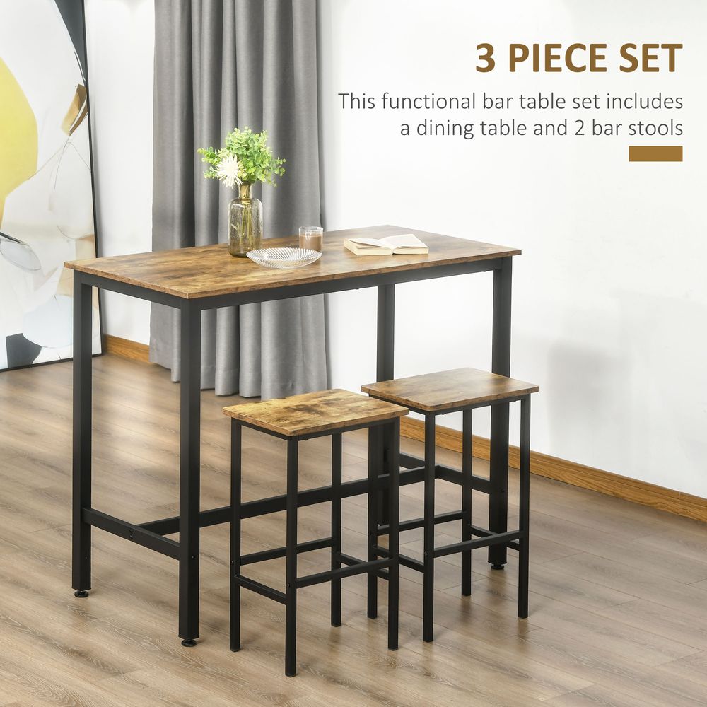Rustic Brown 3-Piece Industrial Bar Table Set with 2 Stools for Counter Height