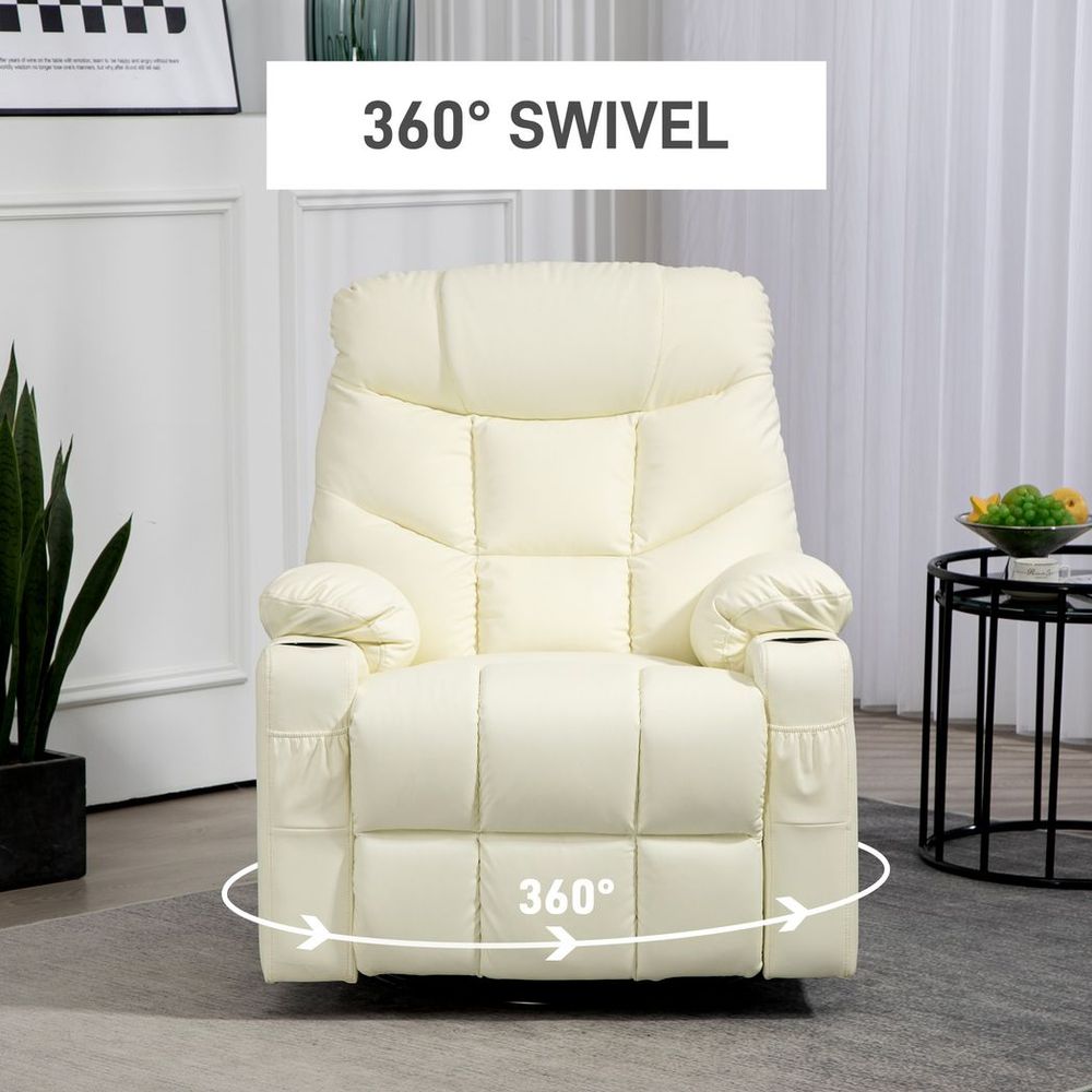 Cream Manual Recliner Chair with Footrest, Cup Holder and Swivel Base for Comfort