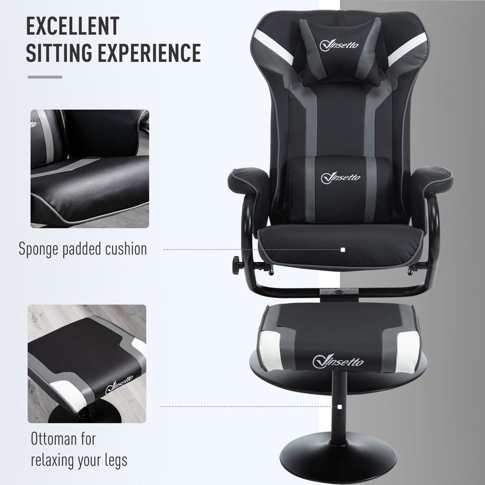 Deep Grey Racing Style Video Game Chair with Footrest Set and Pedestal Base