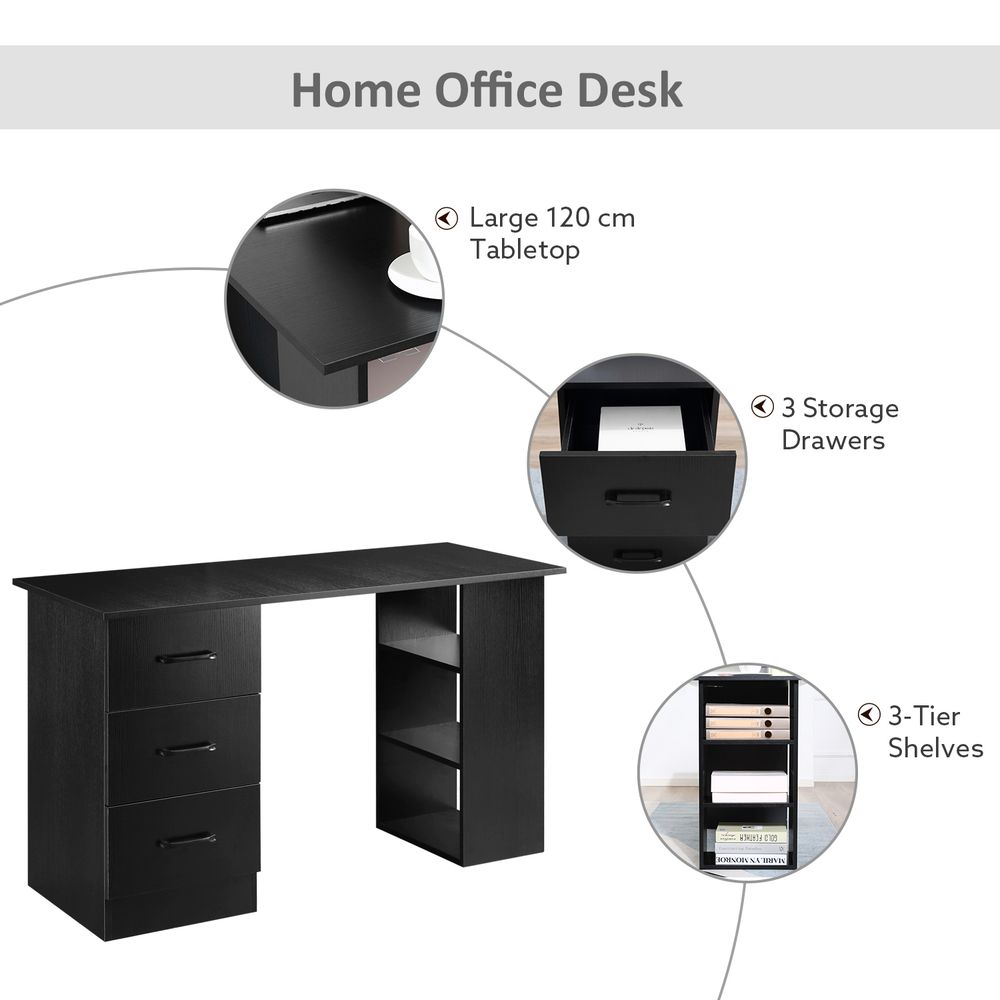 120cm Black Writing Desk with Shelf & Drawers - Ideal Computer Table for Stylish Home Office