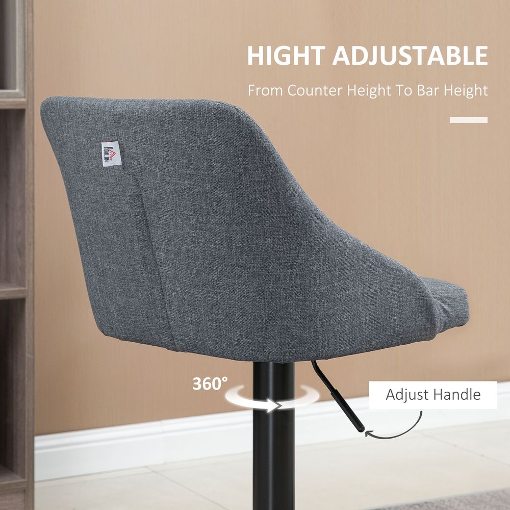 Set of 2 Grey Swivel Bar Stools: Adjustable Height Fabric Chairs