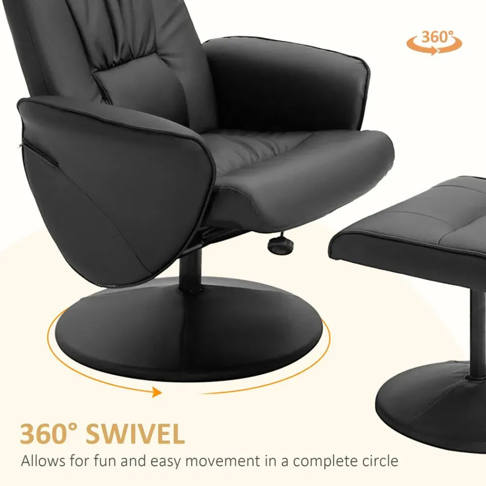 2-Piece Reclining Armchair & Ottoman Set – 360-Degree Swivel PU Leather – Black