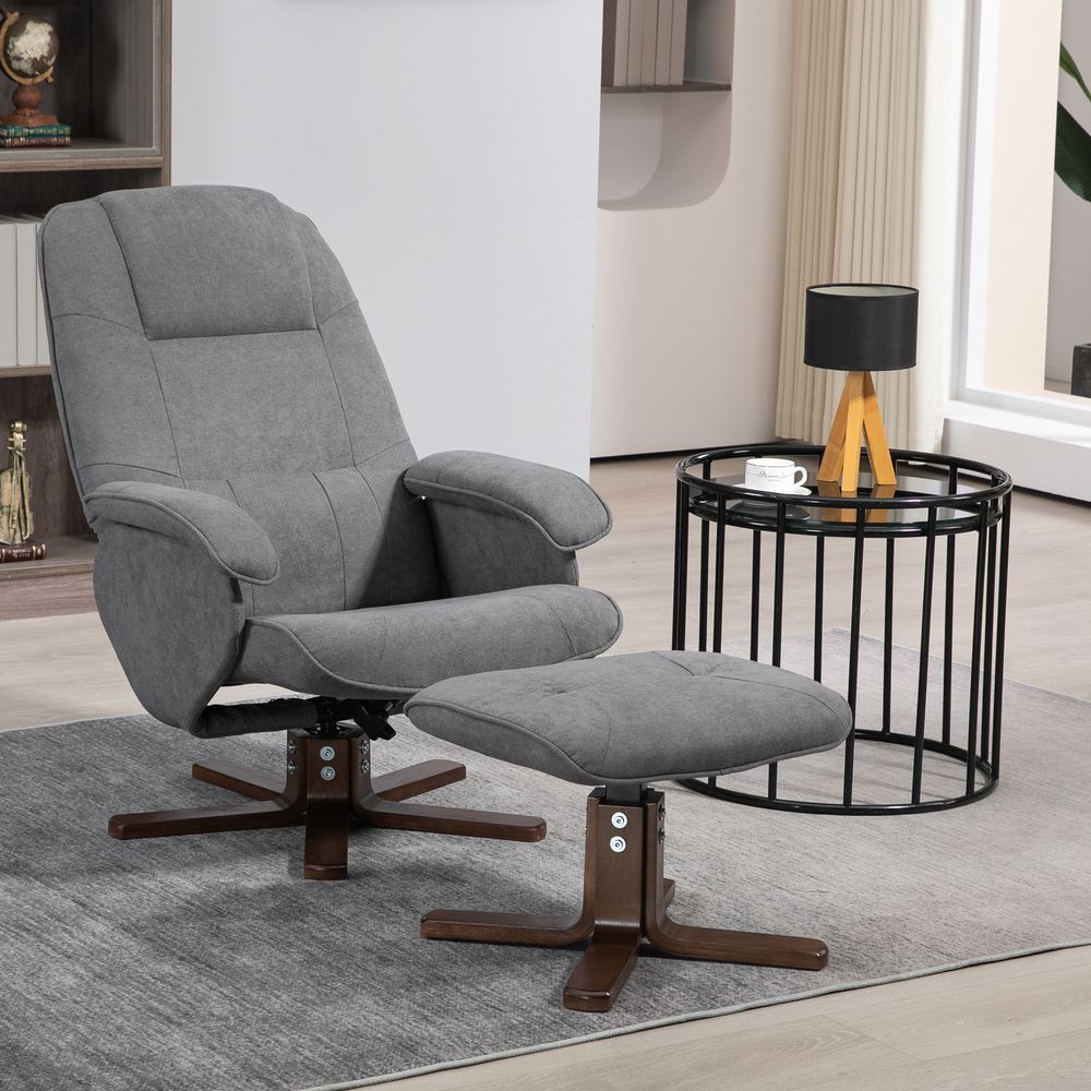 Grey Linen-Touch Swivel Recliner Chair and Footstool with Sturdy Wooden Base