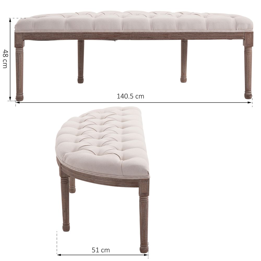 Cream Half-Circle End Bench Ottoman Footstool with Button Tufted Padded Seat