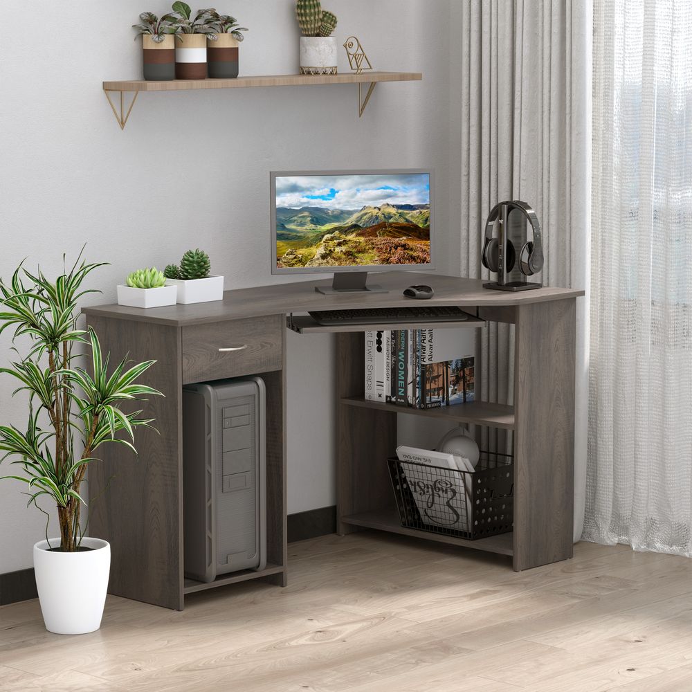 Grey L-Shaped Corner Computer Desk with 2-Tier Shelves and Spacious Table Top